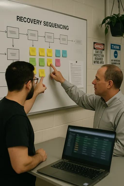 IT technician and operations manager reviewing a recovery sequence flowchart on a whiteboard in a manufacturing office.