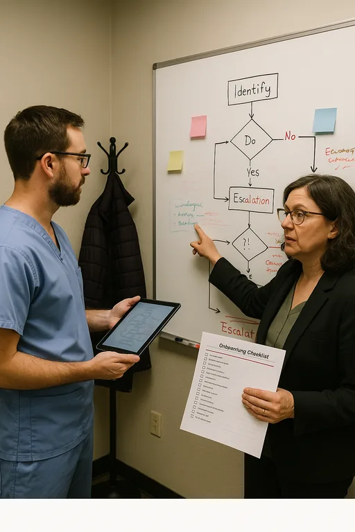 Technician and office manager reviewing a non-legible workflow on a whiteboard and a tablet, planning identity and escalation procedures.