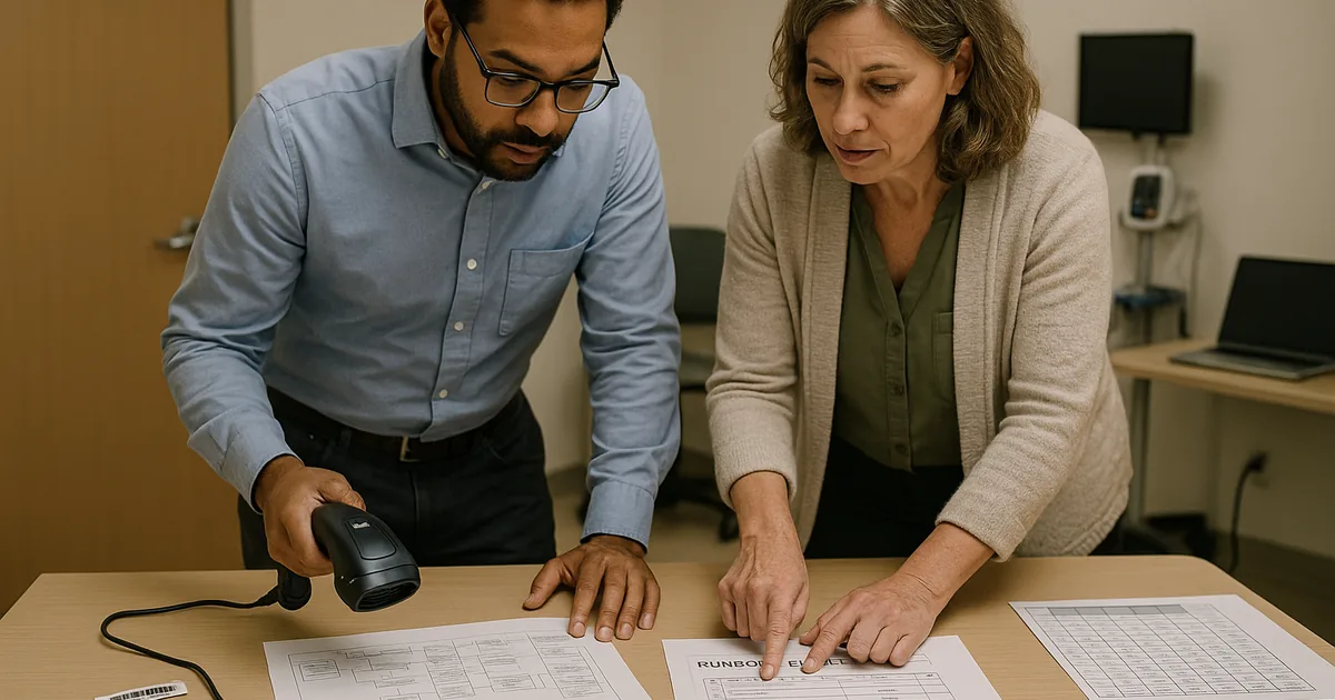 IT consultant and clinic manager reviewing printed workflow maps, runbook checklist, and asset tags during an operational support planning session.