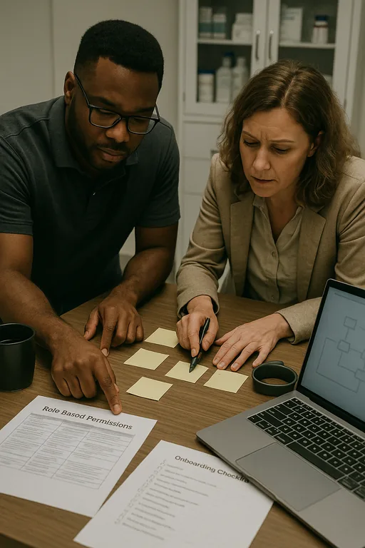 Clinic staff and an IT technician reviewing a printed onboarding runbook and checking a role-based permission checklist on a back-office table.