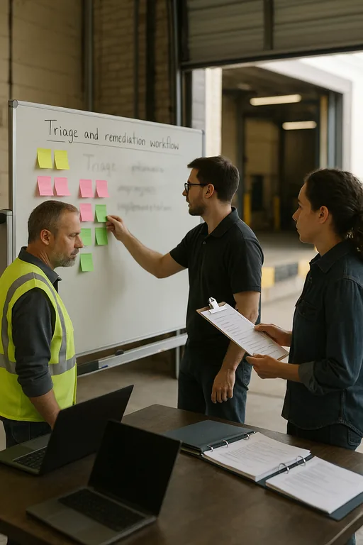 Supervisor and IT technician mapping a triage workflow with sticky notes and runbooks in a dockside huddle, illustrating process standardization.