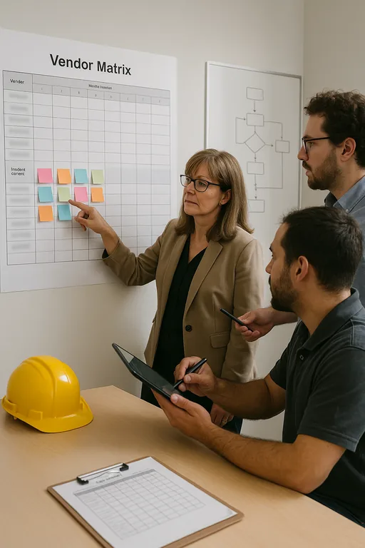 Three people review a vendor ownership matrix and an escalation flowchart on a meeting room wall with sticky notes and construction gear on the table.