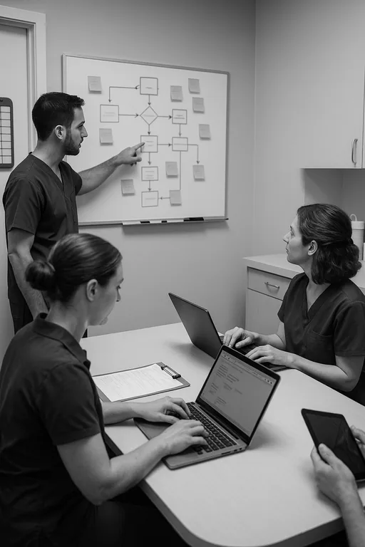 Dental office staff and a technician reviewing a whiteboard flowchart and sticky-note workflow during a recovery planning session.